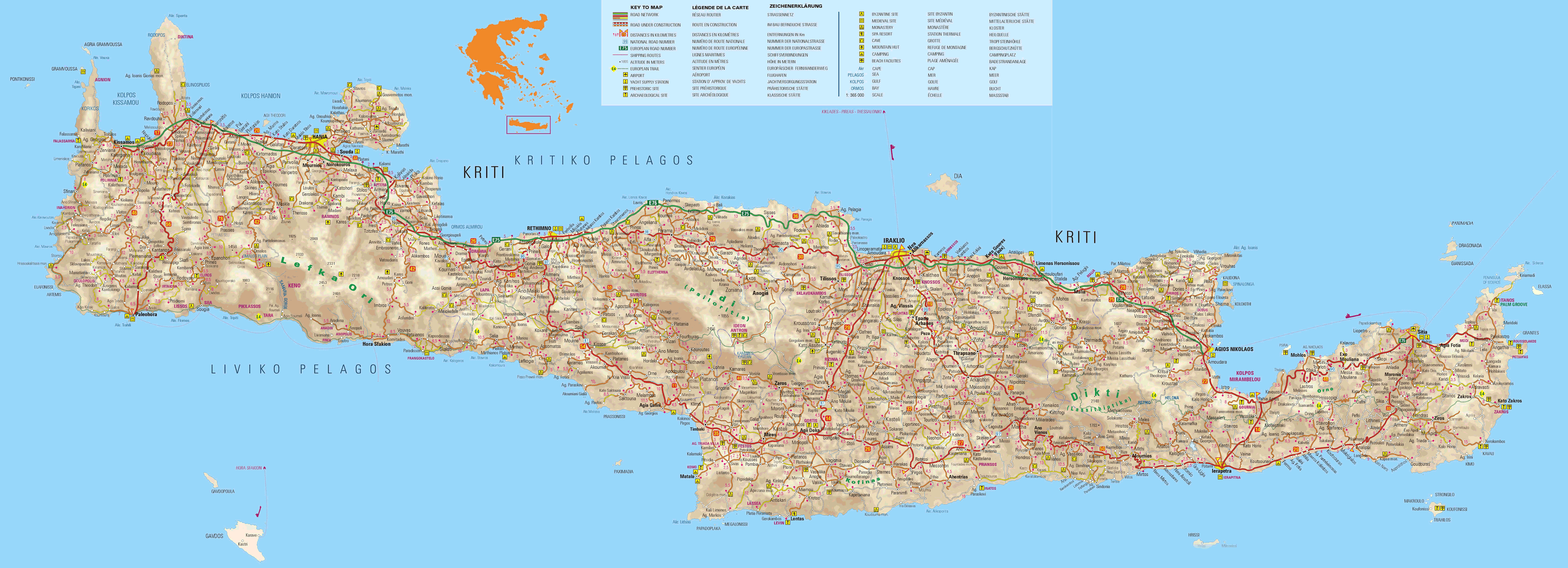 detailed map of the island of Crete